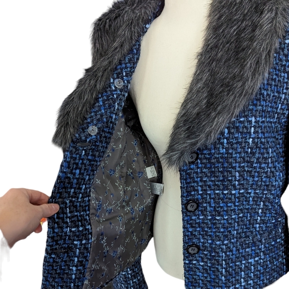 Nine West Tweed Blazer Style Jacket With Fur Collar Size 12 - Picture 4 of 14